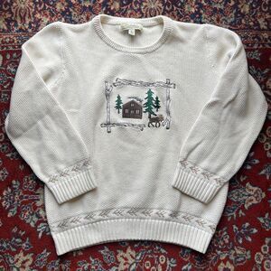Vintage Cabelas Sweater Large White Heavy Kint Cabin Moose Scene Grandpa Y2K